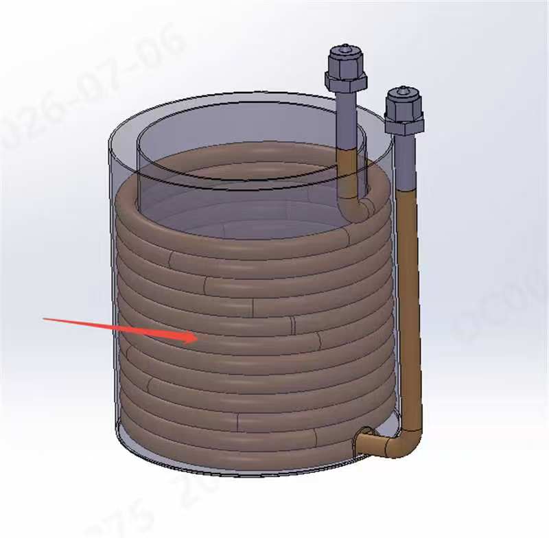 Stainless steel cylindrical tank with a spiral copper coil inside it, both copper tube ends brought out through the tank wall