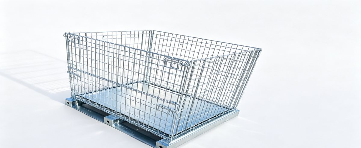 Collapsible wire mesh container with the sides folded down