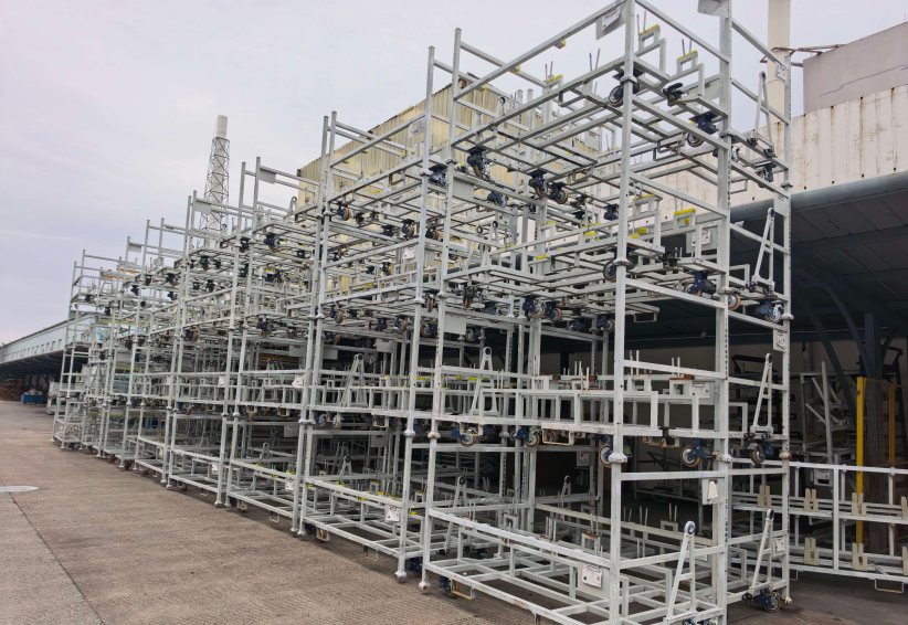 Stacking racks in use at a warehouse