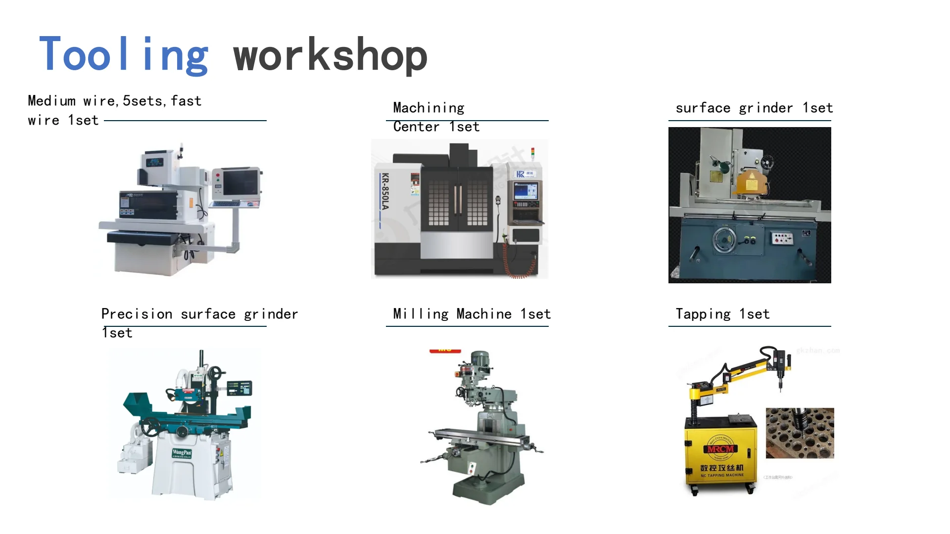 Balford tooling workshop equipment overview — medium-wire EDM sets, surface grinders, milling and tapping in one tool room